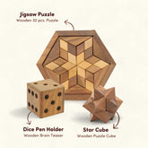 Pen Holder, 30 PCS Jigsaw Puzzle & Star Cube Puzzle Combo | Pen Stand With Classic Dice Shaped & Brain-Teasing Puzzles | Crafted from Sheesham Wood for Kids 6 Years Old